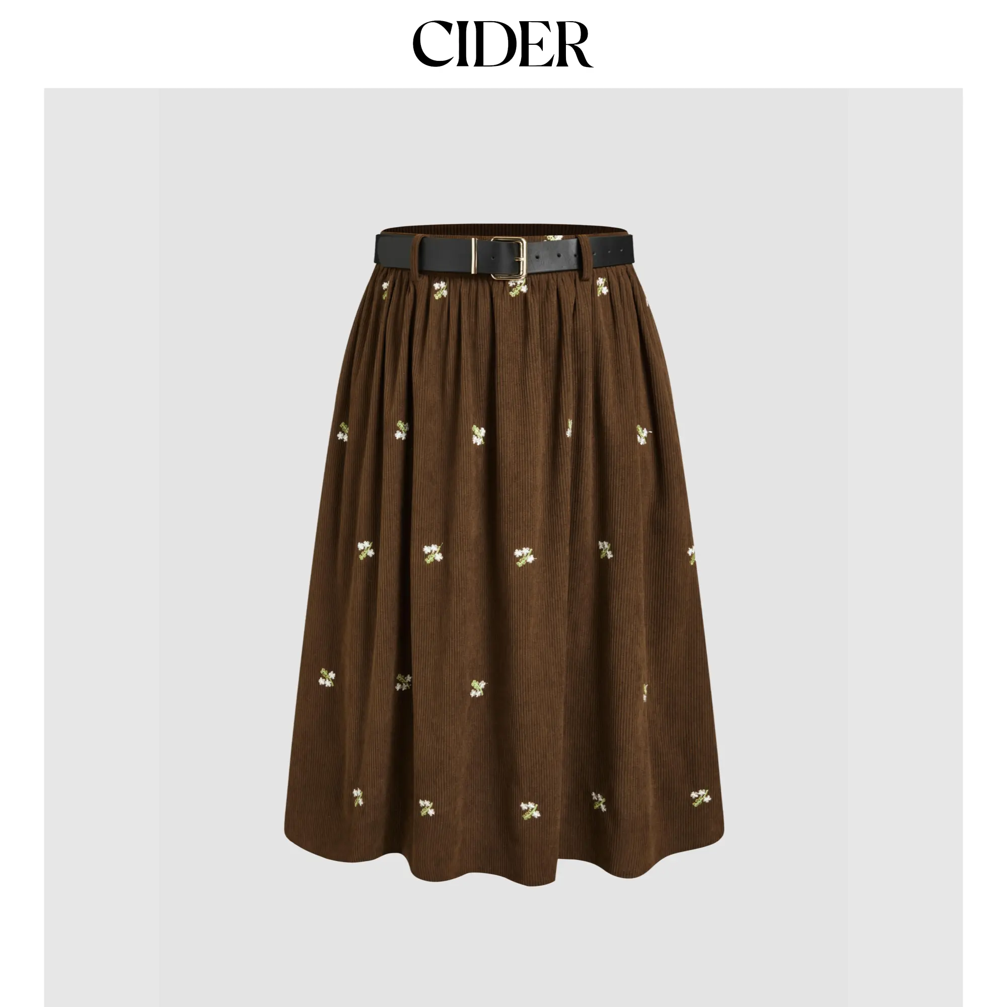 Cider [3 colors, size 2-24] Corduroy Mid Rise Floral Embroidery Ruffle Maxi Skirt With Belt