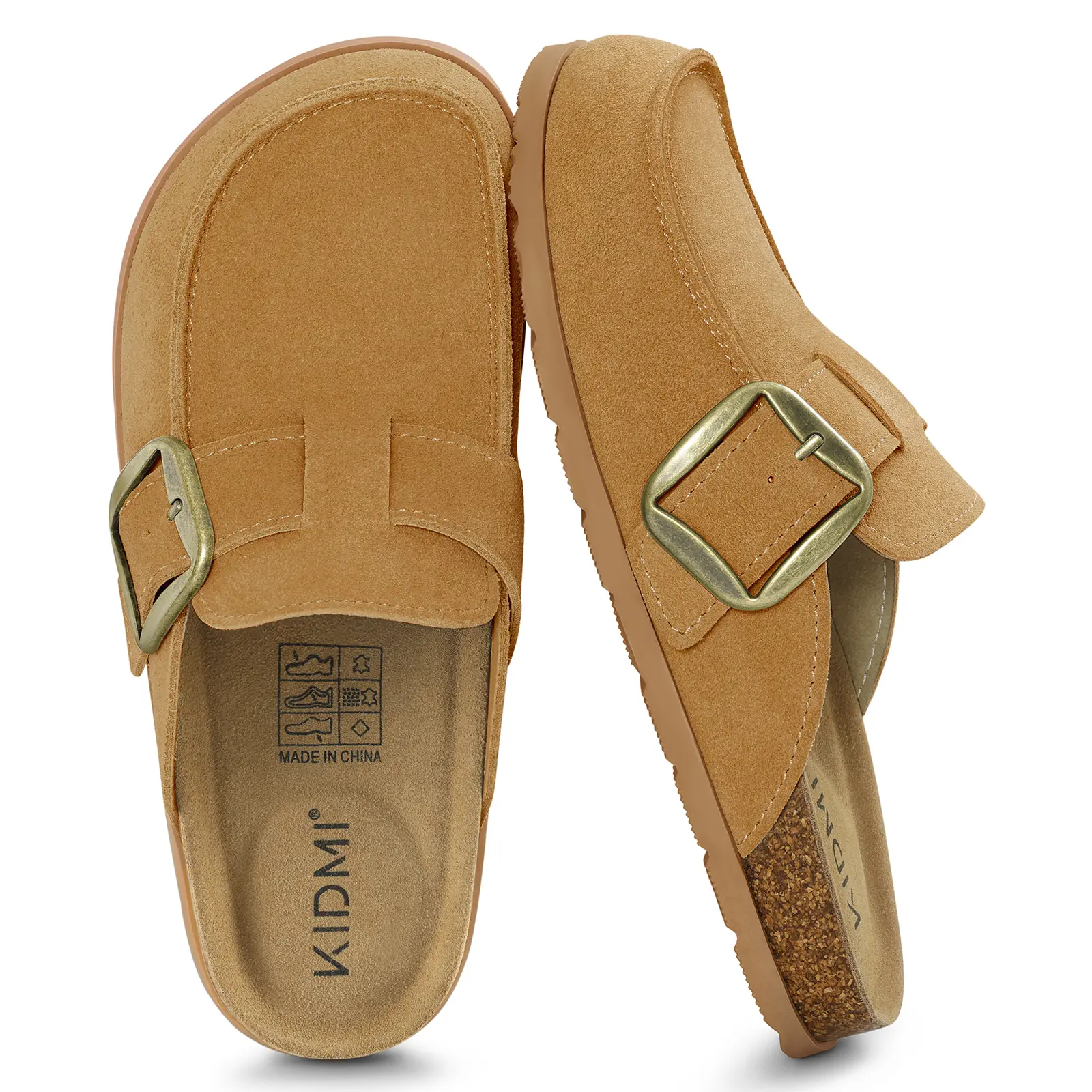 KIDMI 100% Genuine Suede Clogs for Women Cork Footbed Leather Mules Slip On with Comfort Memory Foam and Adjustable Buckle Casual Walking Shoes Footwear