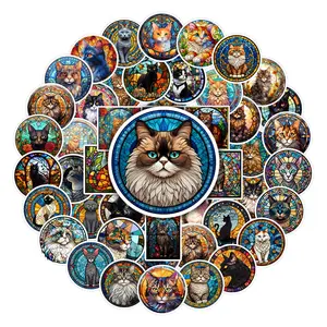 50Pcs Stained Glass Cat Adhesive Stickers Pack, Cute Stickers, Waterproof Vintage Artistic Cat & Colorful Window Cat Vinyl Decals for Laptop, Water Bottle, Journal & Scrapbook, Cat Lover Gift