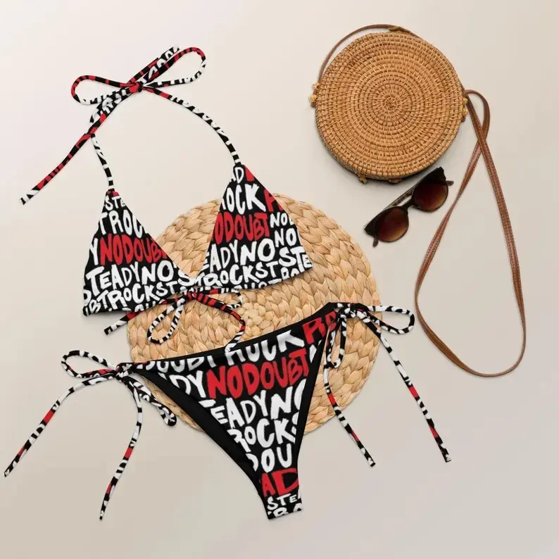 Women Bikini Set Black Red Graffiti Letter Rock Print Swimsuit Summer Beach Music Festival Street Style Tie Side Triangle Top Bathing Suit Pool Party Bold Swimwear