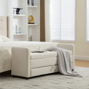 Minimalist Storage Bench Solid Wood Plywood Frame Napped Fabric Foam Cushion 300lbs Load 4 Legs with Wheels Drawstring Handle Large Hidden Storage Multi-Scenario Accent Bench for Entryway Bedroom Living Room Balcony