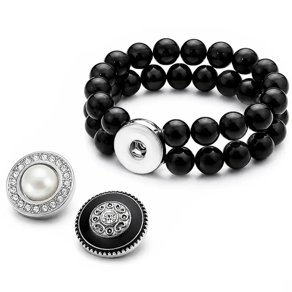 Snap Jewelry Set - 2 Snaps Charms, 1 Black 6.5 inch Stretch Bead Bracelet Bundle, Fits 18MM 20MM Ginger Charm Snap Buttons