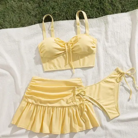 New Three-Piece Bikini Set, Ruffled Short Skirt, Adjustable Straps, Sexy Fashion Beach Party, Pool Party Contrast Bikini, Ruched Bikini Bottoms, Bikini Swimsuit Set, Summer Bikini Beach, Style Bikini Set