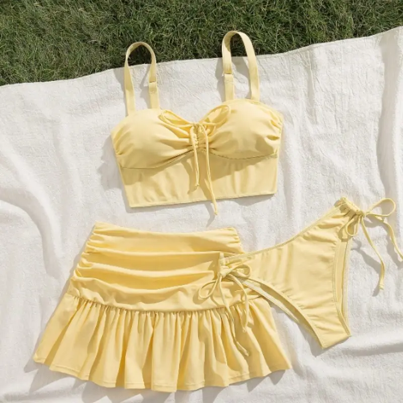 New Three-Piece Bikini Set, Ruffled Short Skirt, Adjustable Straps, Sexy Fashion Beach Party, Pool Party Contrast Bikini, Ruched Bikini Bottoms, Bikini Swimsuit Set, Summer Bikini Beach, Style Bikini Set