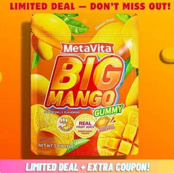 MetaVita Peelable Mango 5oz (141g large bag) – Extra Large Chewy Pieces, Rich Mango Flavor, Individually Wrapped for Freshness – Fun Novelty Candy for Kids & Adults, Party Treats & Gifts