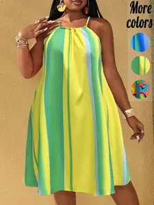 Plus-Size 1 Piece Colorful Halter Neck Swing Mini Dress, Y2K Vacation Style, Loose Flowy Fit & Vibrant Gradient Print Detail, For Curvy Women, Beach Trips, Brunch & Summer Casual Wear, Women's Plus-Size Swing Dresses 2026, Womenswear, TikTok Viral Find