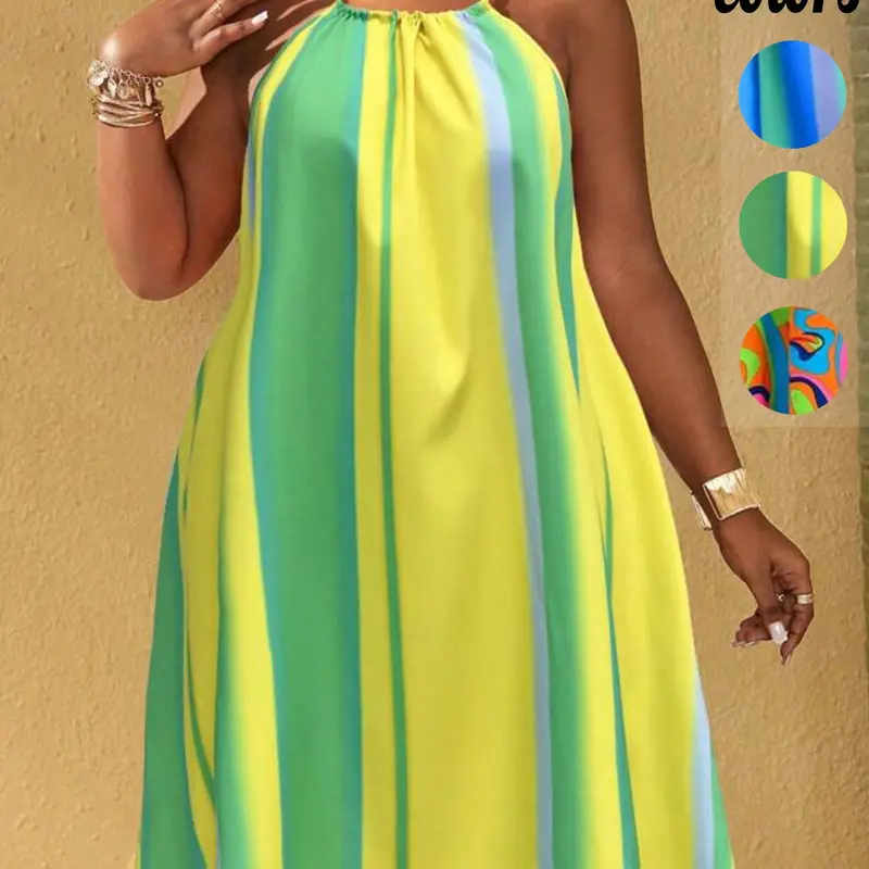 Plus-Size Colorful Halter Neck Swing Mini Dress, Y2K Vacation Style, Boho Flowy Attire, Loose Flowy Fit & Vibrant Gradient, For Curvy Women, Perfect for Beach Trips, Brunch & Summer Casual Wear, Boho Print Dress, TikTok Viral Find