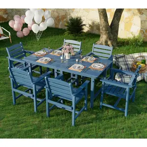 7-Piece Outdoor Dinging Set, Extendable Table and 6 Durable Chairs, All-Weather Dining Table Set for Backyard, Deck, Garden, Blue