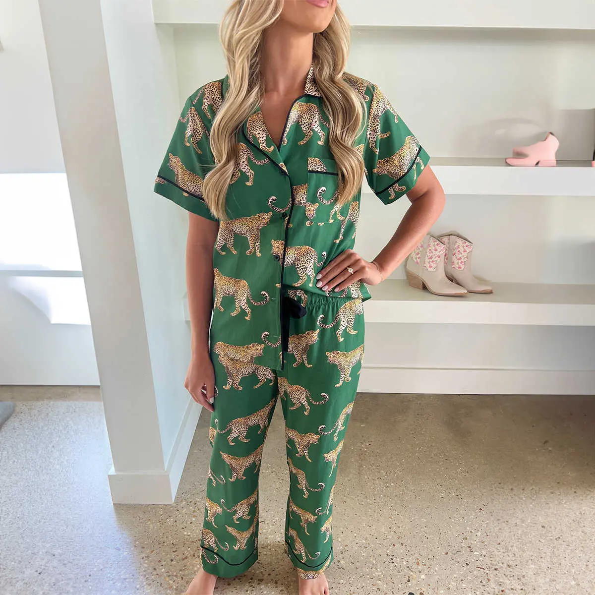 Green Cheetah Print Short Sleeve Shirt and Pants Pajama Set