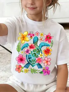 Girls' Fashion T-Shirt, Hawaiian Watercolor Turtle Print, Tropical Floral Design, Summer Refreshing Style, Casual Loose-Fit Top