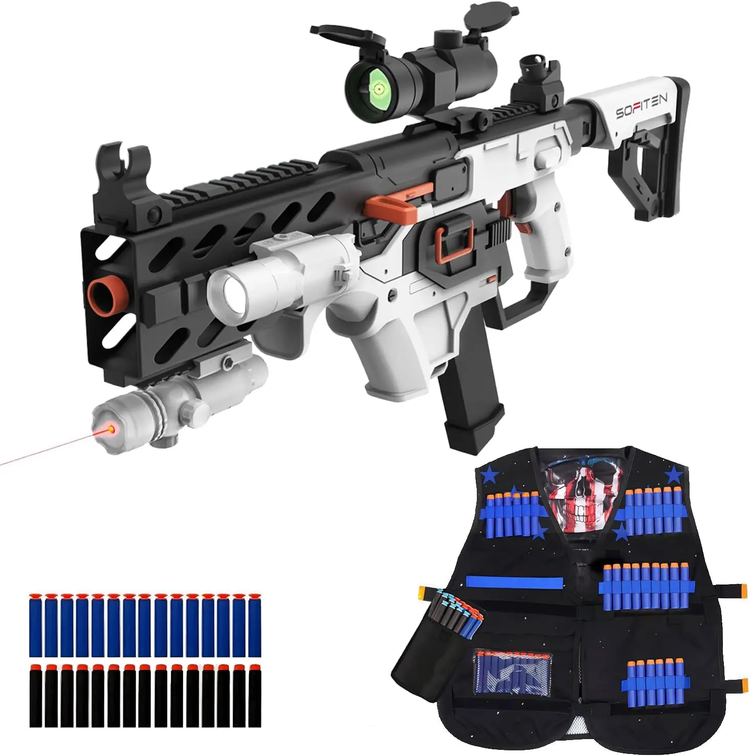 SOFITEN VIKTOR N-Y,Toy Automatic Sniper Rifle Toy gun Set Foam Dart Blaster with Tactical Vest, Infrared, Flashlight, Power Indicator & Foldable Stock