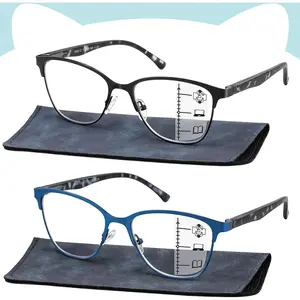 Progressive Multifocal Reading Glasses Women Cat Eye No Line Multifocus Transition Blue Light Reader Lady Metal Frame