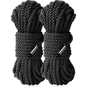 Silk Soft Rope, Skin Friendly Soft Nylon Silky Black Red Ropes, Durable Multipurpose Color Braided Satin Twisted Cord Long Rope 32 Feet 8 mm (2-Pack, Black)