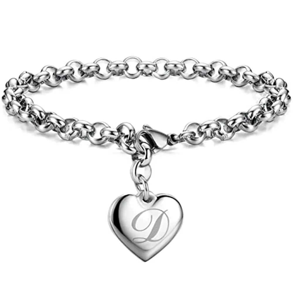 Minimalist Heart Charm Bracelet, Unisex Personalized A-Z Initial Jewelry in Titanium Stainless Steel for Daily Wear, Engraving, Fashion Enthusiasts, Titanium Steel, Chain Link, Simple, Initial Engrave