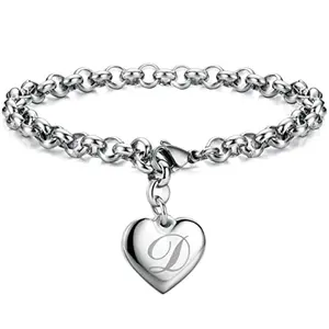 Heart Charm Bracelet, Unisex 26-Letter, Stainless Steel & Titanium Steel, Simple Fashionable Jewelry Accessory