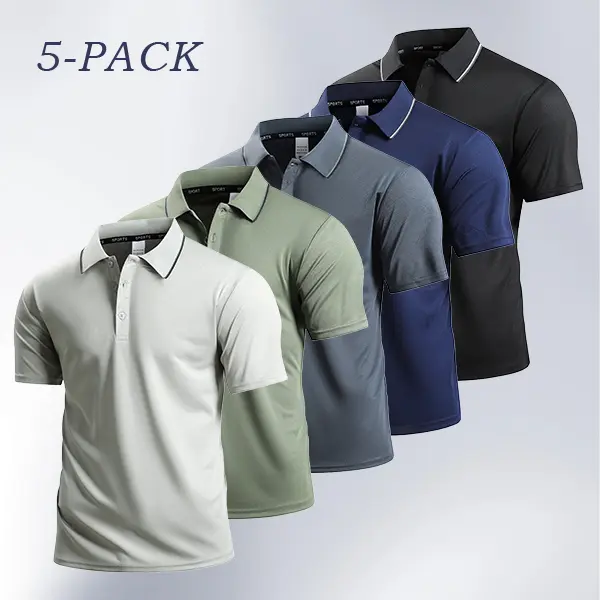 Men's 5-Pack Athletic Simple Solid Color Polo Shirts - Fitted Top, Breathable Mesh Fabric, Contrasting Collar, Buttoned, Sporty Chic, for Hot Weather Outdoor & Office Activities
