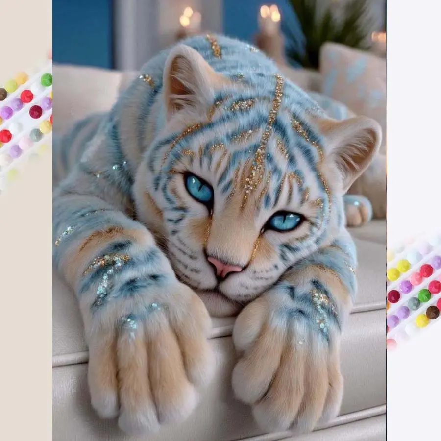 1 set of DIY diamond painting kit, 5D diamond art set, DIY decoration tiger, blue eyes, lying posture. Mosaic, diamond art, DIY art home decor, DIY Craft Supplies