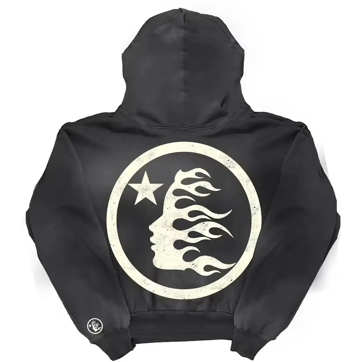 Black Hellstar Flame Graphic Hoodie | Y2K Hip Hop Streetwear Pullover Sweatshirt, Black Vintage Graphic Hoodie with Sleeve Details for Women & Men, Fall Winter Urban Fashion