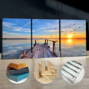 3Pcs Wooden Framed Canvas Painting, Sunset Lake Birds Wooden Dock Scenery, Exquisite Poster, Home Decoration, Pattern Wall Art Decor, For Living Room, Bedroom, Office, Restaurant, Bar Wall Decor, Odorless, Painting, Print Artwork.