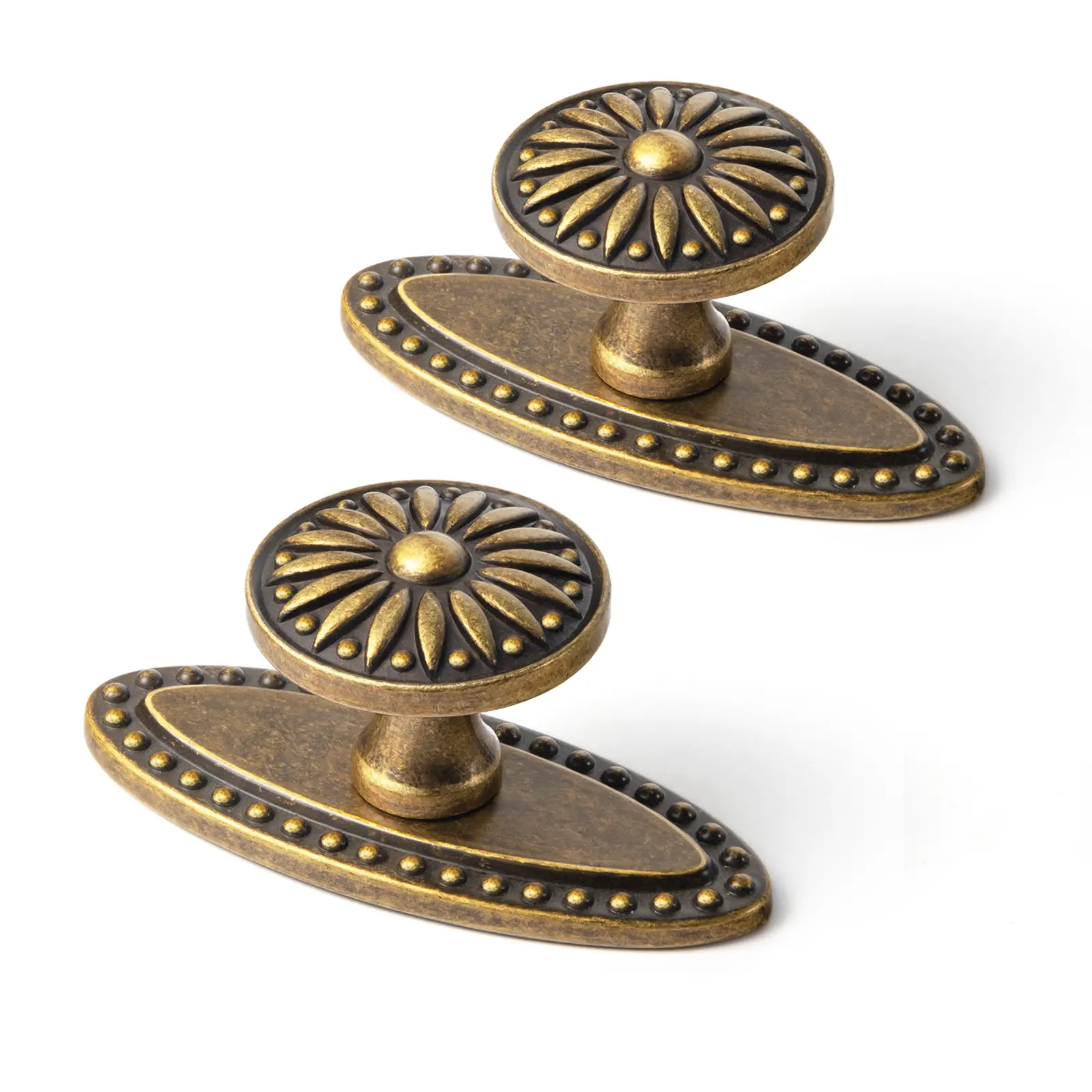 Goo-Ki 6 Pack Vintage Antique Brass Sunburst Cabinet Knobs with Beaded Oval Backplate – Ornate Floral Design with Distressed Finish for Kitchen Drawers, Doors
