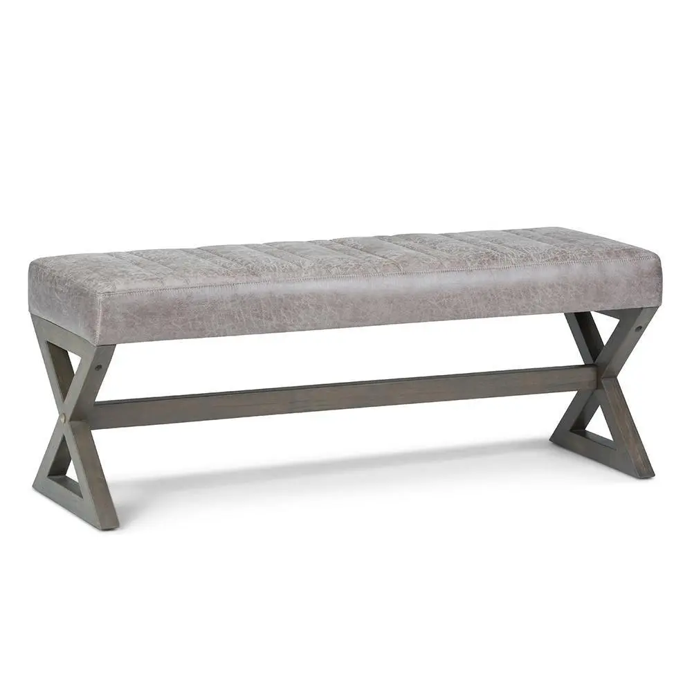 Salinger Wood Furniture Ottoman Bench - Distressed Grey Taupe Quilted Vegan Leather, Slim Profile Entryway/Foyer Seat, Family Room/Living Room Stool, Assembly Required, 16.5"d x 48"w x 19.3"h
