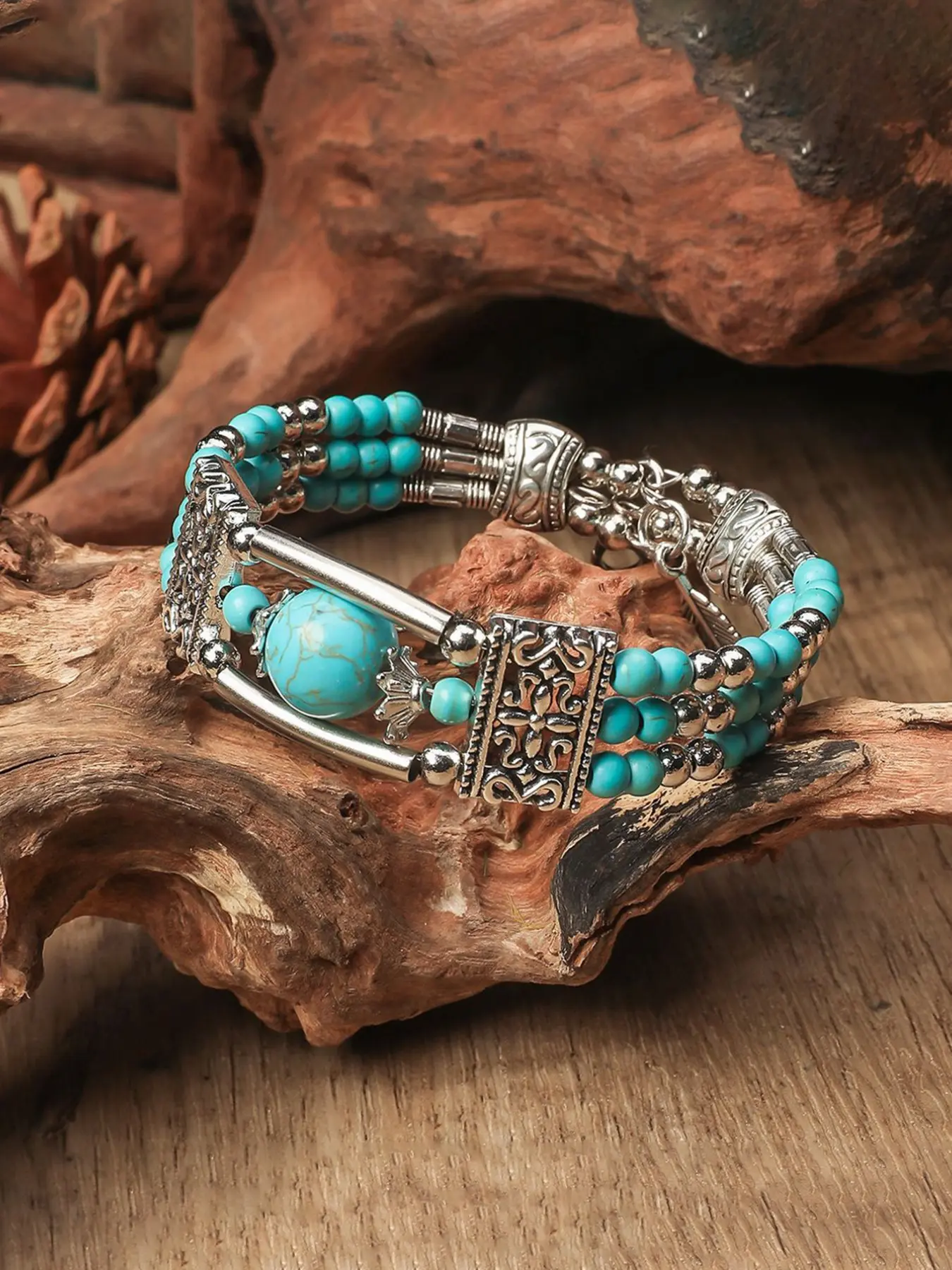 Vintage Bohemian Feather Turquoise Bracelet, Floral Design, Turquoise Color, Unique Jewelry Accessory, Perfect Gift Idea