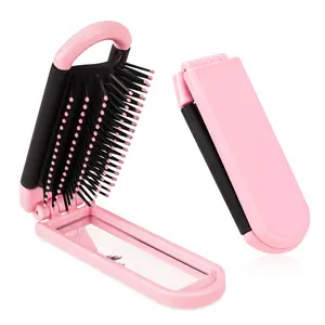 1 Pack Mini Travel Folding Hair Brush for Women, Collapsible Pocket Size Brush with Mirror and Ball Tips Nylon Bristle,Small Anti-static Comb Compact Hair Brush for Gym,Trip,Purse,Swimming, Detangling Hairbrush (Pink)