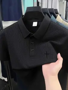 Men's Regular Fit Cross Print Textured Polo Shirt, Casual Short Sleeve Collared Top for Summer, Fashion Men's Clothes for Daily Wear, Menswear