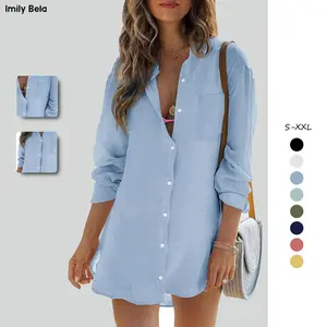 Imily Bela Womens Beach Cover Up Button Down Shirts Summer Cotton Gauze Tops Long Sleeve Bikini Swimsuit