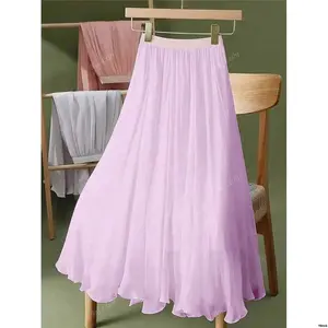 Vacation SummerCasual LineSkirt - WomenElasticWaistSolidColorMidiChiffonA WithLining ElegantFittedLook SuitableForSpring / Work