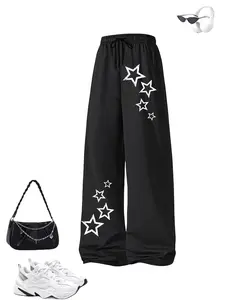Women's Casual Athletic Joggers with Star Print, Drawstring Straight-Leg Sports Pants, Loose-Fitting H-Type, All Seasons