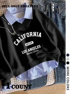 Women's College Style V-Neck Fitted Long Sleeves Pullover Sweatshirt, Los Angeles & California Print, Multi-Color, Casual Streetwear for Spring Fall Winter