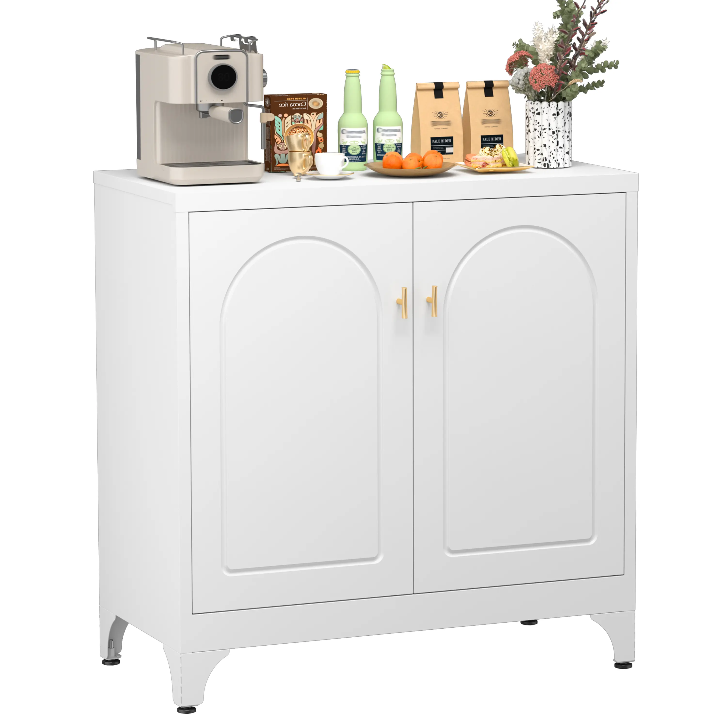 【 DealsforYouDays 】Freestanding Console Storage Cupboard 33 Inch Powder Coated Steel Farmhouse Sideboard Buffet with Magnetic Doors Easy to Assemble for Living Dining Hallway