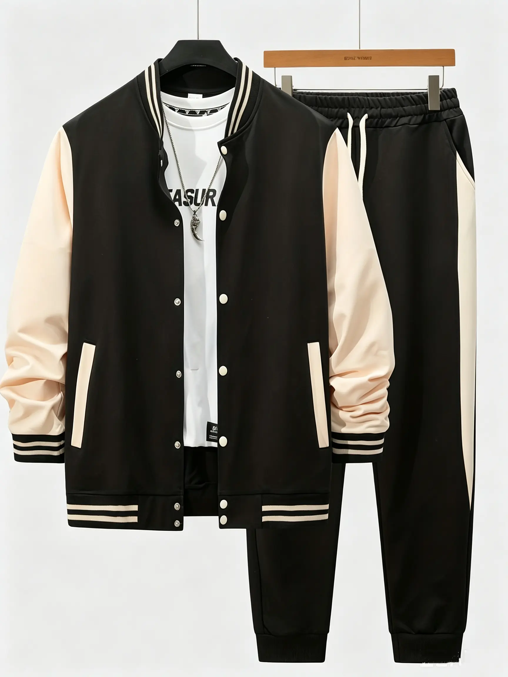 Men's 2-Piece Color Block Varsity Tracksuit Set - Lightweight Poly Vintage Baseball Bomber Jacket + Elastic Waist Striped Jogger Pants with Side Pockets, Casual Athletic Outfit for Daily Streetwear