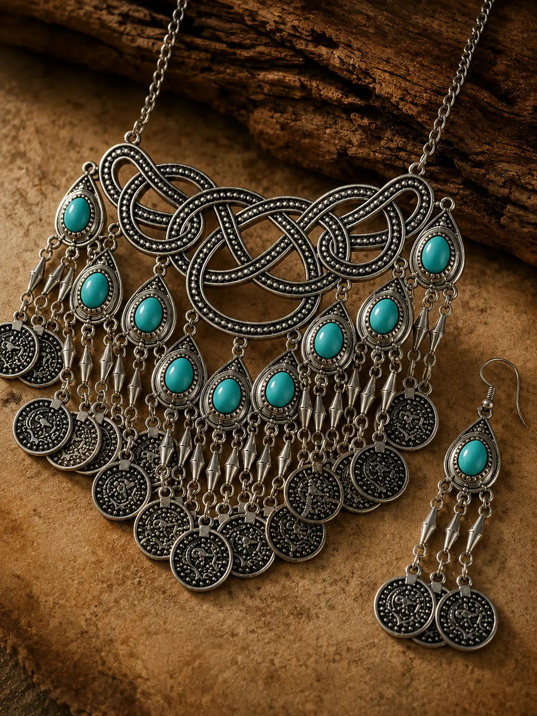 Turquoise Jewelry Set for Women, Vintage Boho Necklace and Earrings with Celtic Knot & Coin Tassels