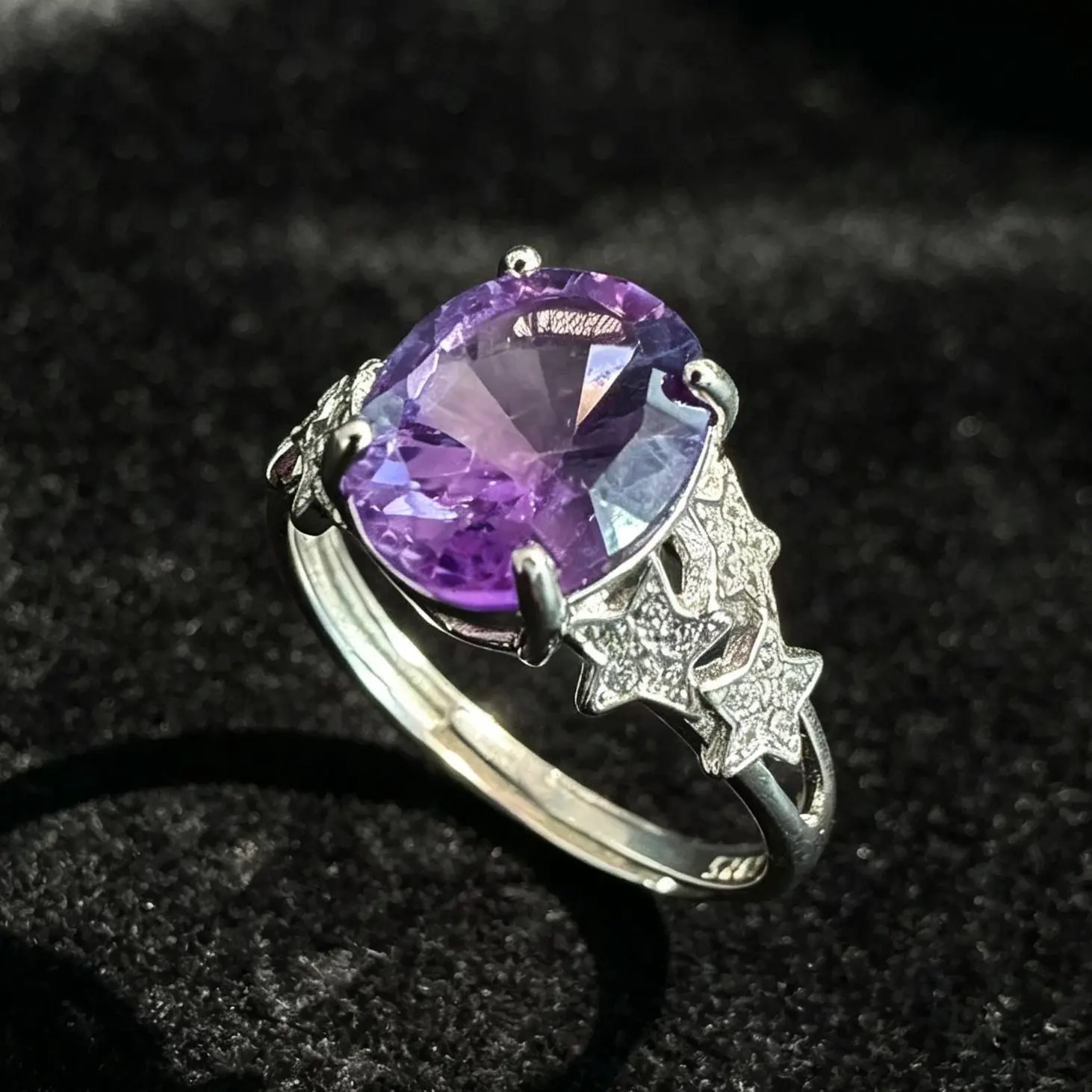 925 Sterling Silver Adjustable 10.9×8.9mm Natural Amethyst Star Ring - Whimsical Statement Ring with Cubic Zirconia Star Details, Ideal for Birthday, Wedding, Casual Occasions, Unisex