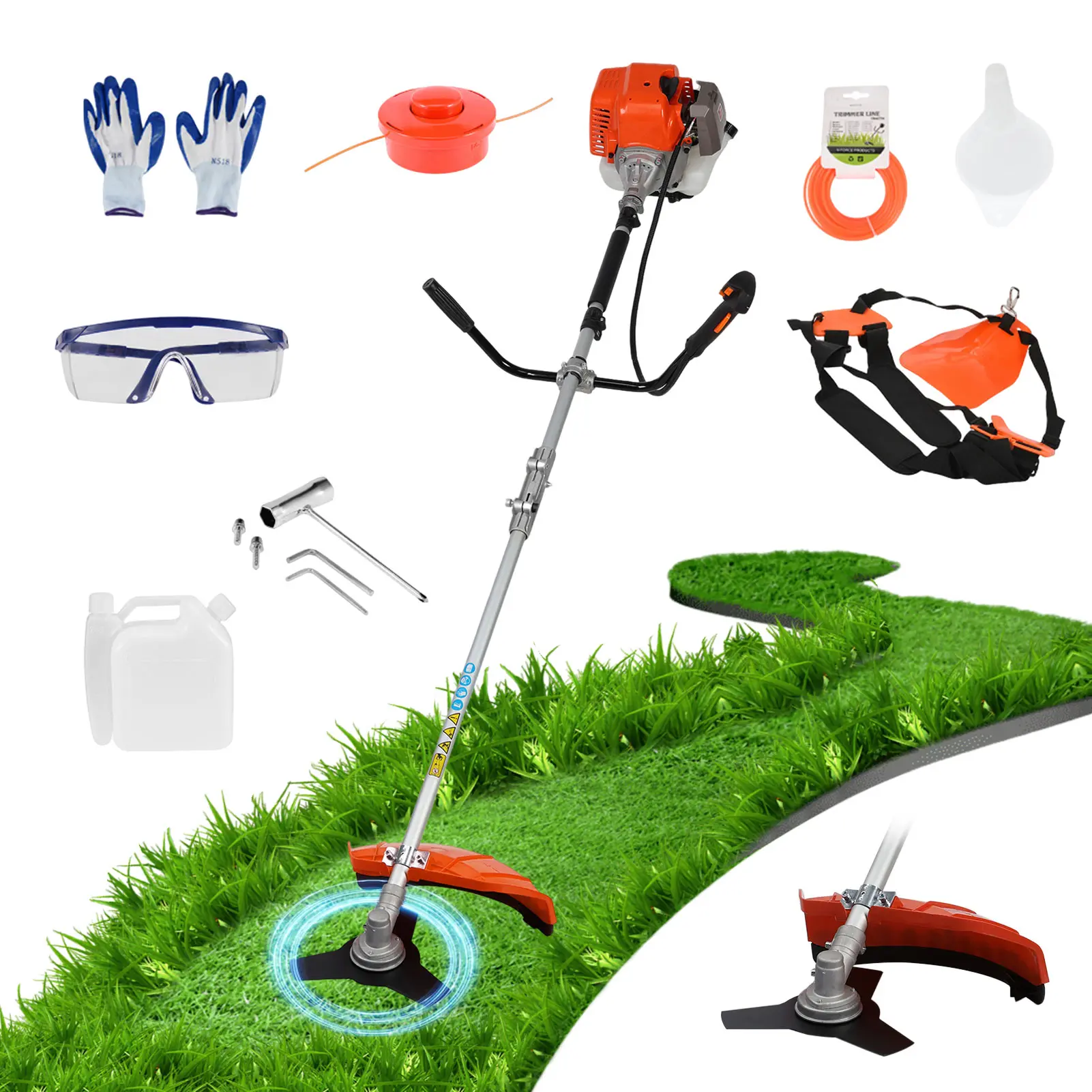 52cc 2-Stroke Gas-Powered Multi-Purpose 2-in-1 Tool, Petrol String Trimmer & Hedge Trimmer Brush Cutter with Safety Gear, 1 Pair of Glasses, 1x3-T Blade, 1xControl Lever, 1xInstallation Kit, 1xTying Grass Rope for Lawn & Garden Maintenance, 1 X 3 T Blade,