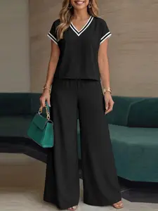 ZANZEA Women's V-Neck Short Sleeve Colorblock Loose Fit Blouse and Pants Set, Two-Piece Casual, Korean Style Daily Wear, Everyday