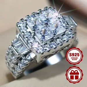 925 Sterling Silver Women's Engagement Ring - Luxurious Full CZ Setting with Princess Square Halo Design for Everyday Wear and Wedding Occasions