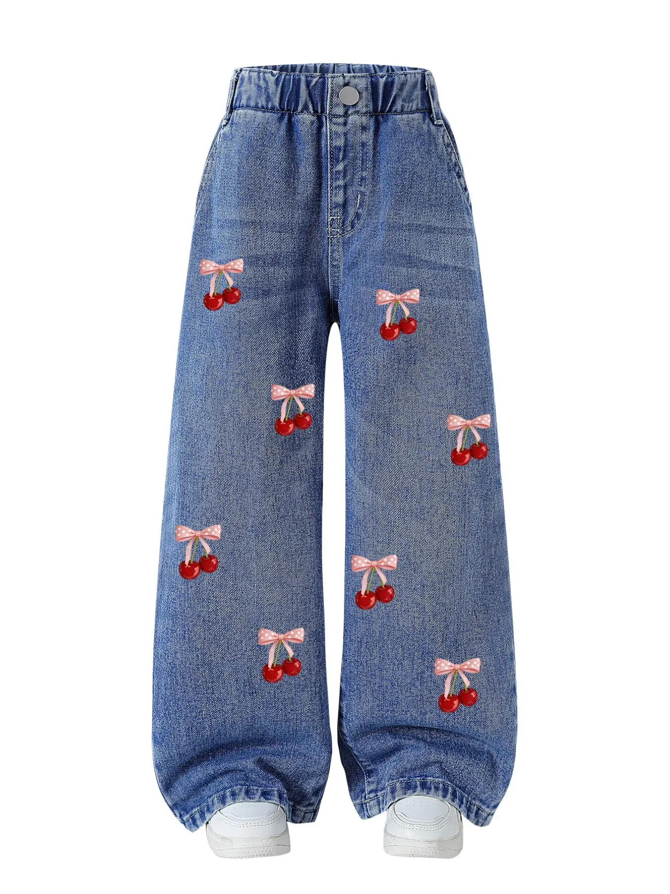 Girls' Wide Leg Blue Denim Jeans Pants, Colorful Cherry Print Denim Long Pants, Graphic Print Jeans, Casual Loose Fit, Day Wear Jeans, All Seasons Wear, Suitable for Girls 1-8 Years