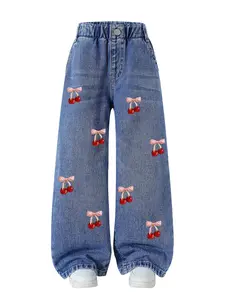 Girls' Wide Leg Jeans Pants, Colorful Cherry Print Denim Long Pants, Casual Loose Fit, All Seasons Wear, Suitable for Girls 1-8 Years