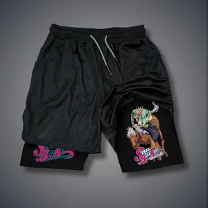 JOJO 80s 90s Double-Layer Sports Shorts Graphic Shorts Black Camo Streetwear Shorts Men Outfits Men Vacation Outfits Shorts