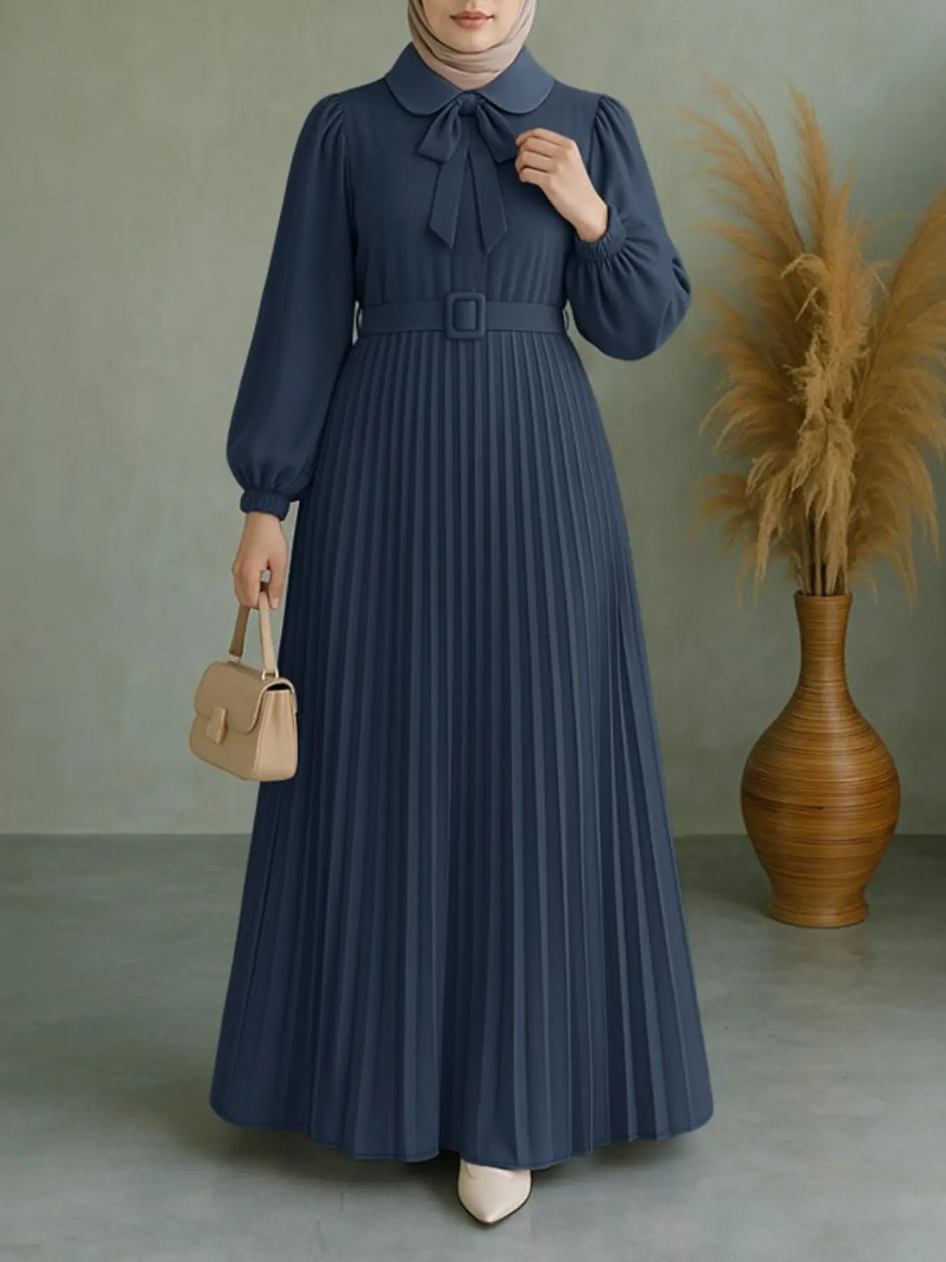 Women's Stand Collar Lantern Sleeve Waist Cinched Pleated Bow Tie Midi Long Dress, Classy Modest Solid Color Dresses, Elegant Fashion for All Occasions