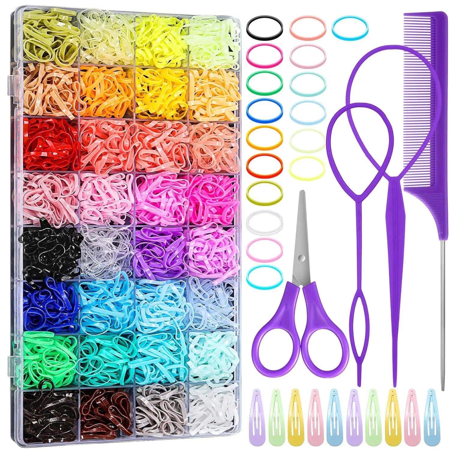 32 Colored Elastic Ties, 1700 Pieces Rubber Bands With 14 Styling Tools, Hair Tie Cutter and Accessories for Girls, Baby, Toddler, Kids, Elastic Hair Accessory