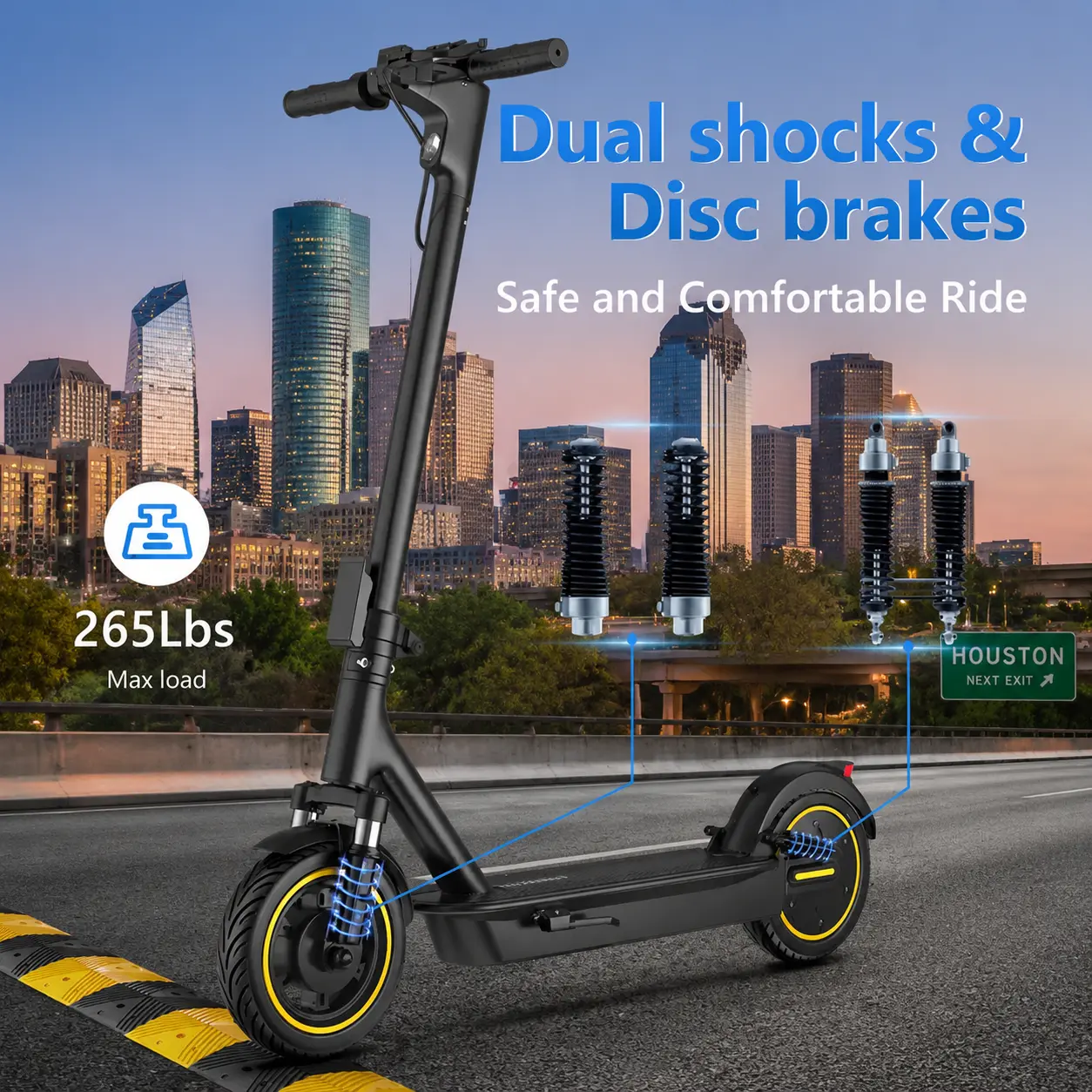 Esmax High-Speed Electric Scooter 10-inch solid tires 500W motor with front and rear dual shock absorption, range of 22-30 miles, top speed of 22 mph, dual braking system, LED lights, app control, aluminum alloy frame, Springtok。