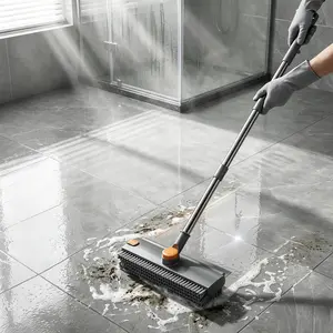 Adjustable Long Handle 4-in-1 Shower Floor Scrubber Broom, Heavy-Duty Hard Bristle Cleaning Brush Equipped With Squeegee Debris Scraper, Indoor Outdoor Cleaner For Tile Wall Patio Deck Garage.sanitary ware