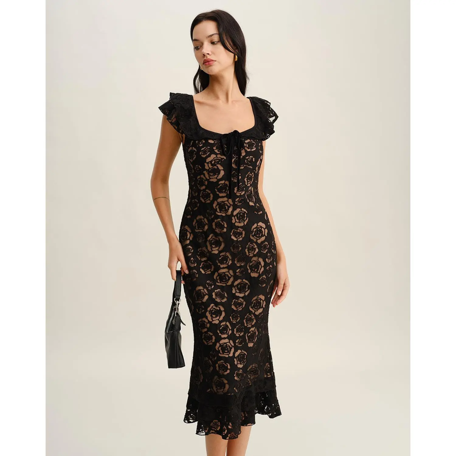 Rihoas Women's Elegant Waisted Black Textured Ruffle Square Neck Floral Polyester-Spandex Lady Clothes, Casual Mermaid Midi Dress - TikTok Shop Rihoas Women's Elegant Waisted Black Textured Ruffle Square Neck Floral Polyester-Spandex Lady Clothes, Casual Mermaid Midi Dress - TikTok Shop