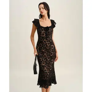 Rihoas Lady's Chic Elegant Polyester-Spandex Casual Dress - Textured Black, Square Neck, Ruffled, Waisted, Mermaid Midi, Tummy-Flattering, Floral Textured Fabric
