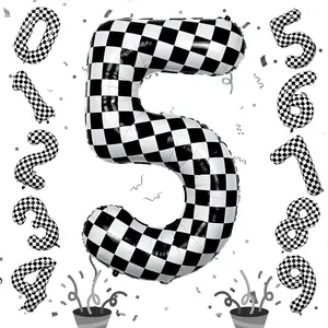 40 Inch Large Checkered 5 Number Foil Self Inflating Balloons Black White 5th Birthday Racing Balloons for Boys Race Car Flag Party Decorations Supplies