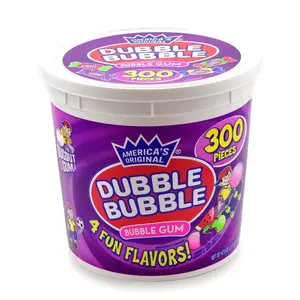 Roll Dubble Bubble Gum 300 Count Resealable Tub Individually Wrapped and Bubble Gum Original, Watermelon, Apple and Grape Flavors Peanut and Gluten Free, 47.6 Ounce